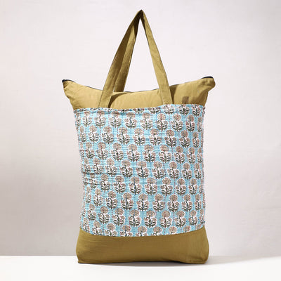 Blue - Kantha Work Block Print Cotton Shopping Bag