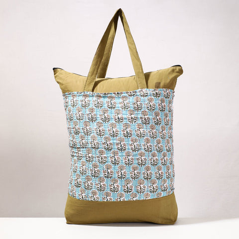 Blue - Kantha Work Block Print Cotton Shopping Bag