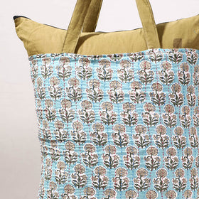Blue - Kantha Work Block Print Cotton Shopping Bag