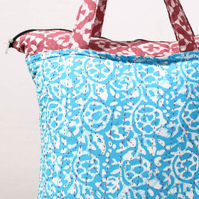 Blue Kantha Work Block Print Cotton Shopping Bag
