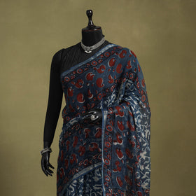 Blue - kota doria cotton bagru saree 13 - handcrafted