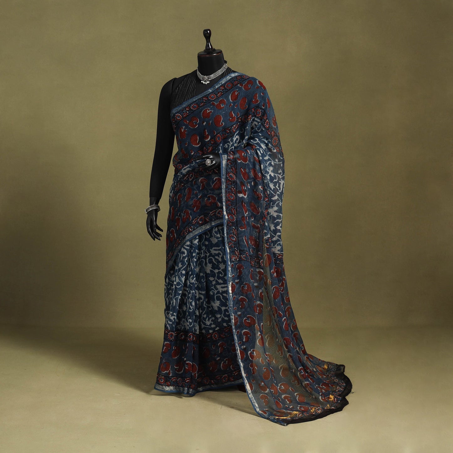 Blue - kota doria cotton bagru saree 13 - handcrafted