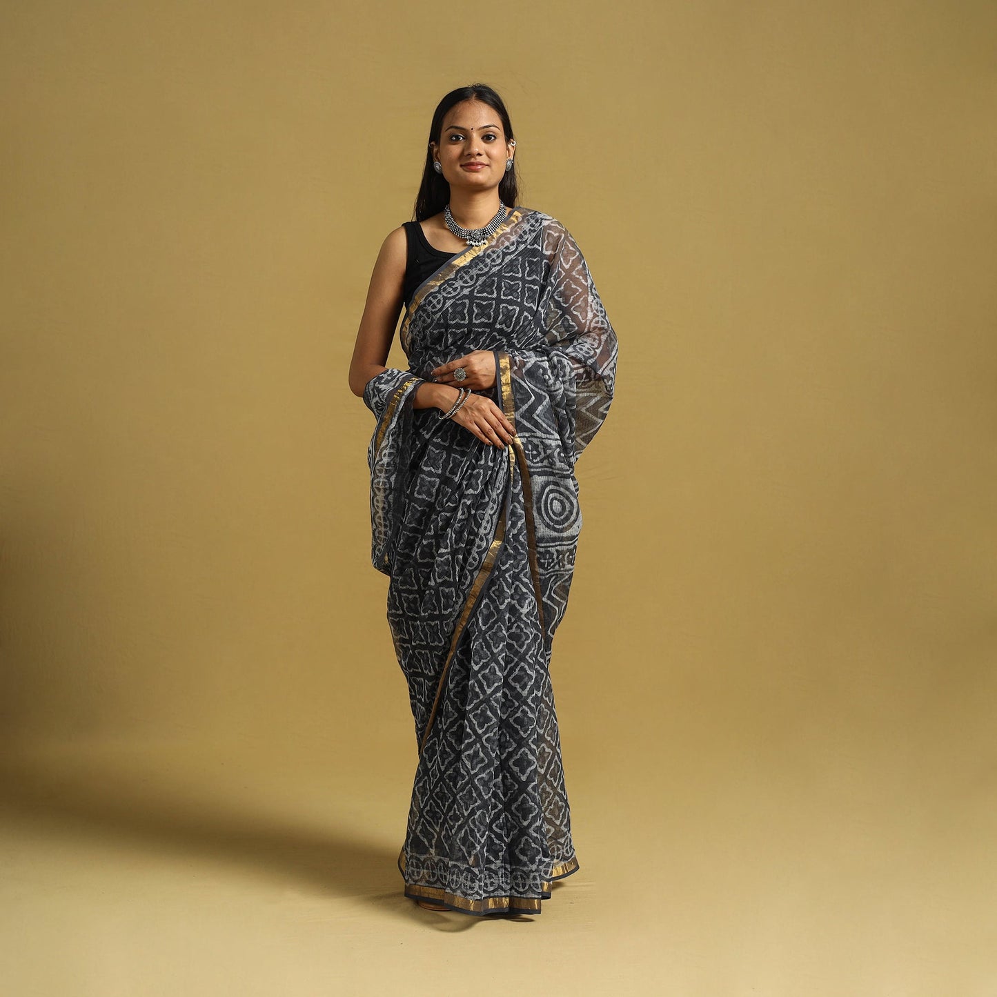 Blue - kota doria cotton bagru saree 20 - handcrafted