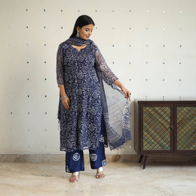 Blue Kota Doria Cotton Hand Batik Print Kurta Set (Set of 3)