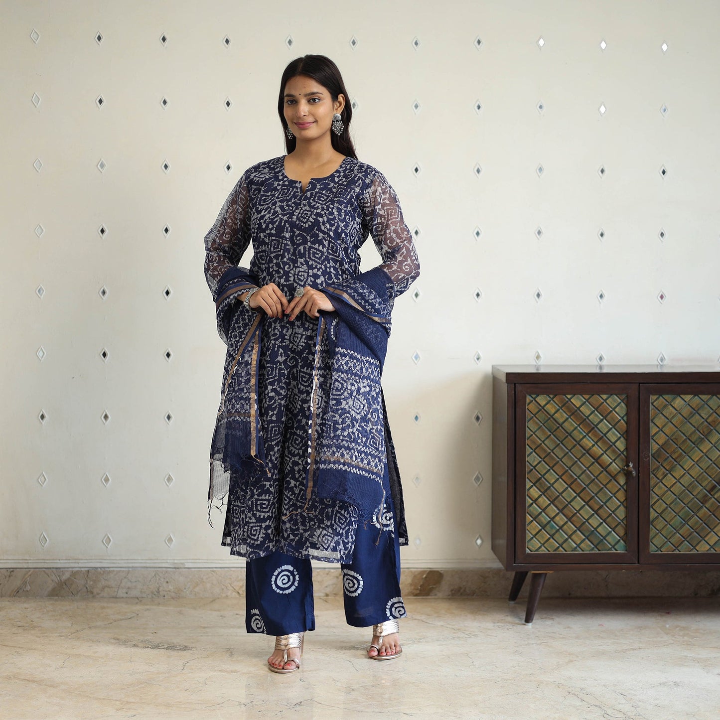 Blue Kota Doria Cotton Hand Batik Print Kurta Set (Set of 3)