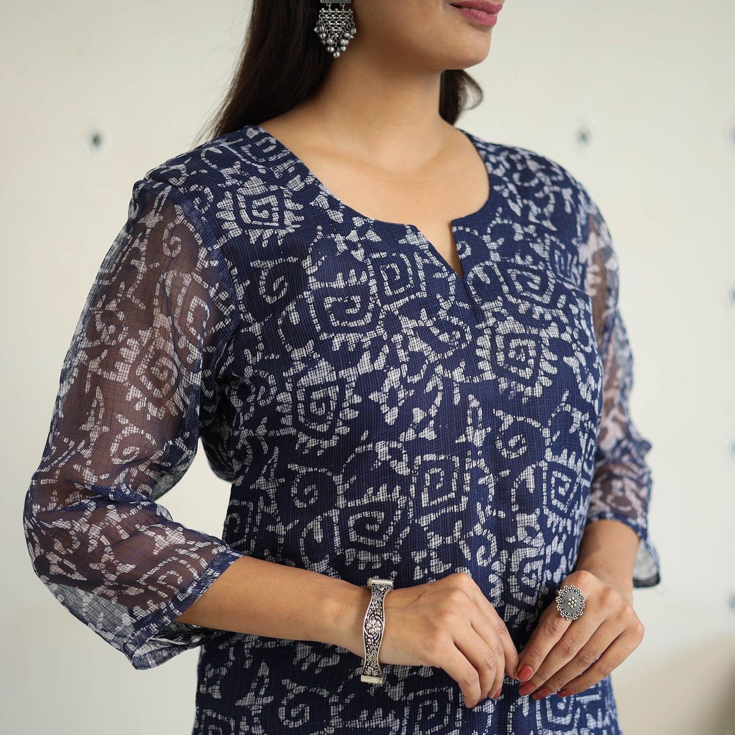 Blue Kota Doria Cotton Hand Batik Print Kurta Set (Set of 3)