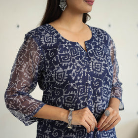 Blue Kota Doria Cotton Hand Batik Print Kurta Set (Set of 3)
