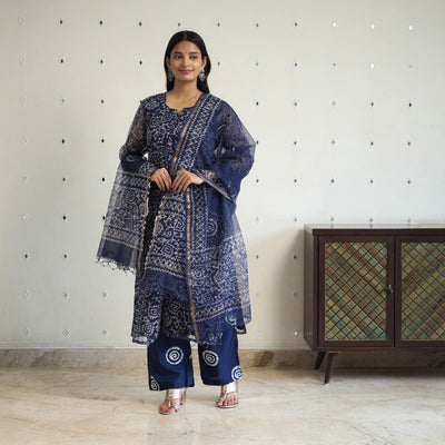 Blue Kota Doria Cotton Hand Batik Print Kurta Set (Set of 3)