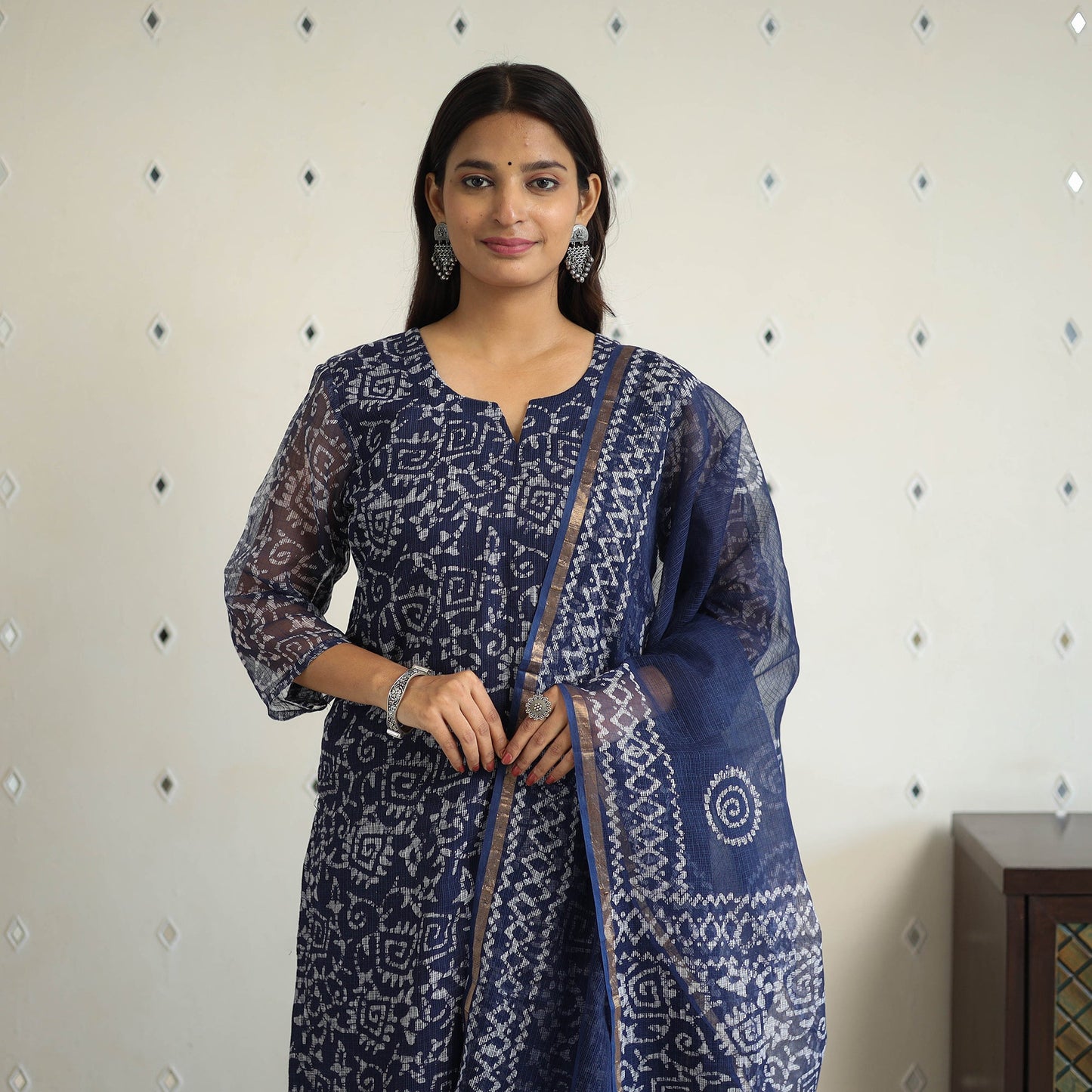 Blue Kota Doria Cotton Hand Batik Print Kurta Set (Set of 3)