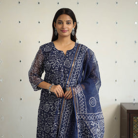 Blue Kota Doria Cotton Hand Batik Print Kurta Set (Set of 3)