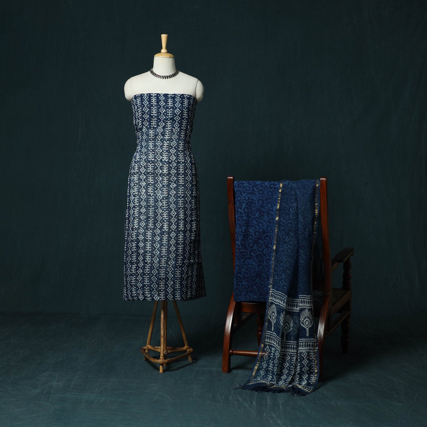 Blue - kota doria cotton hand block indigo bagru print 3pc