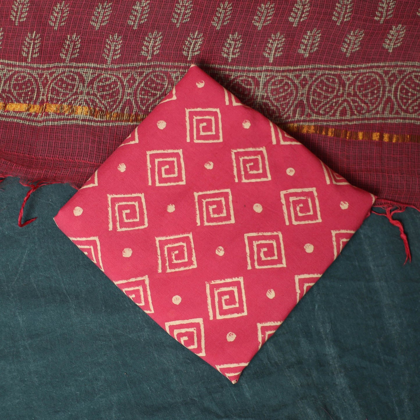 Kota doria cotton hand block jaipur print 3pc unstitched