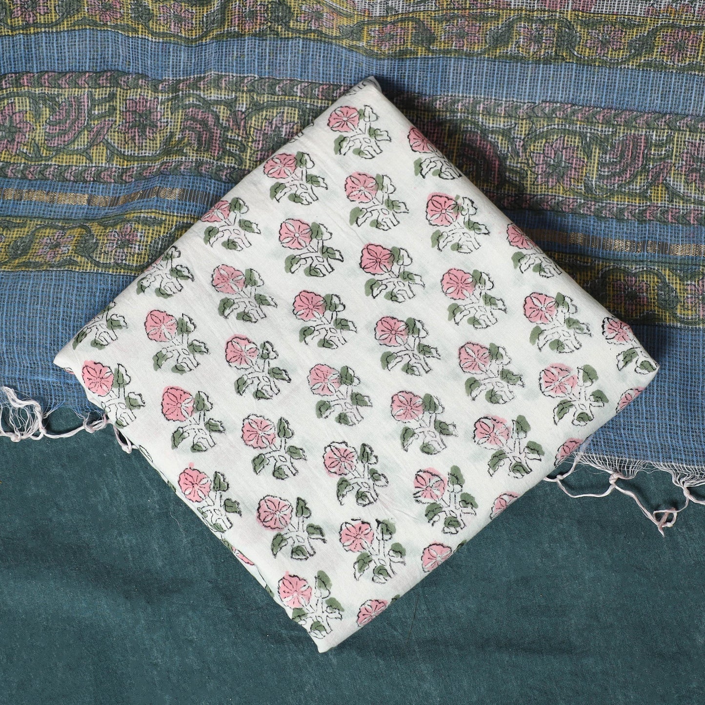 Kota doria cotton hand block sanganeri print 3pc unstitched