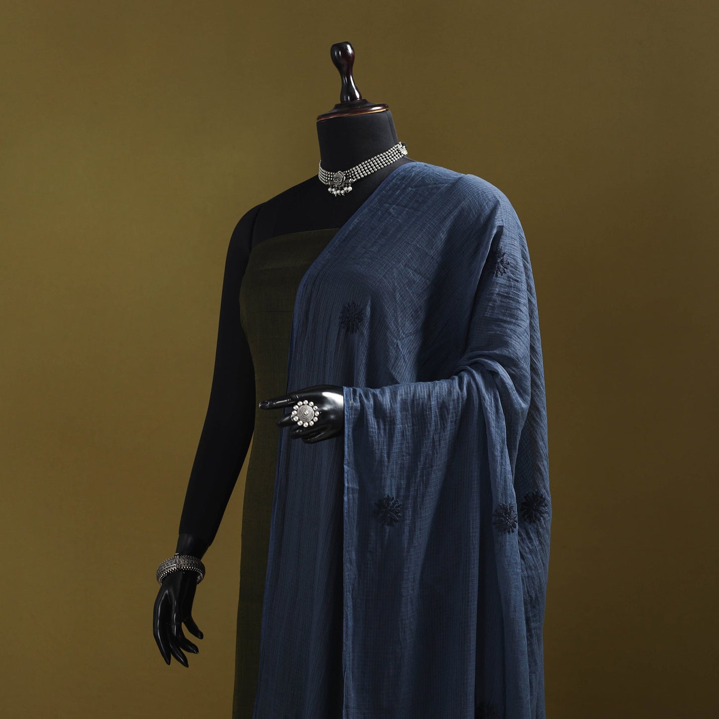 Blue - kota doria cotton hand embroidered lucknowi