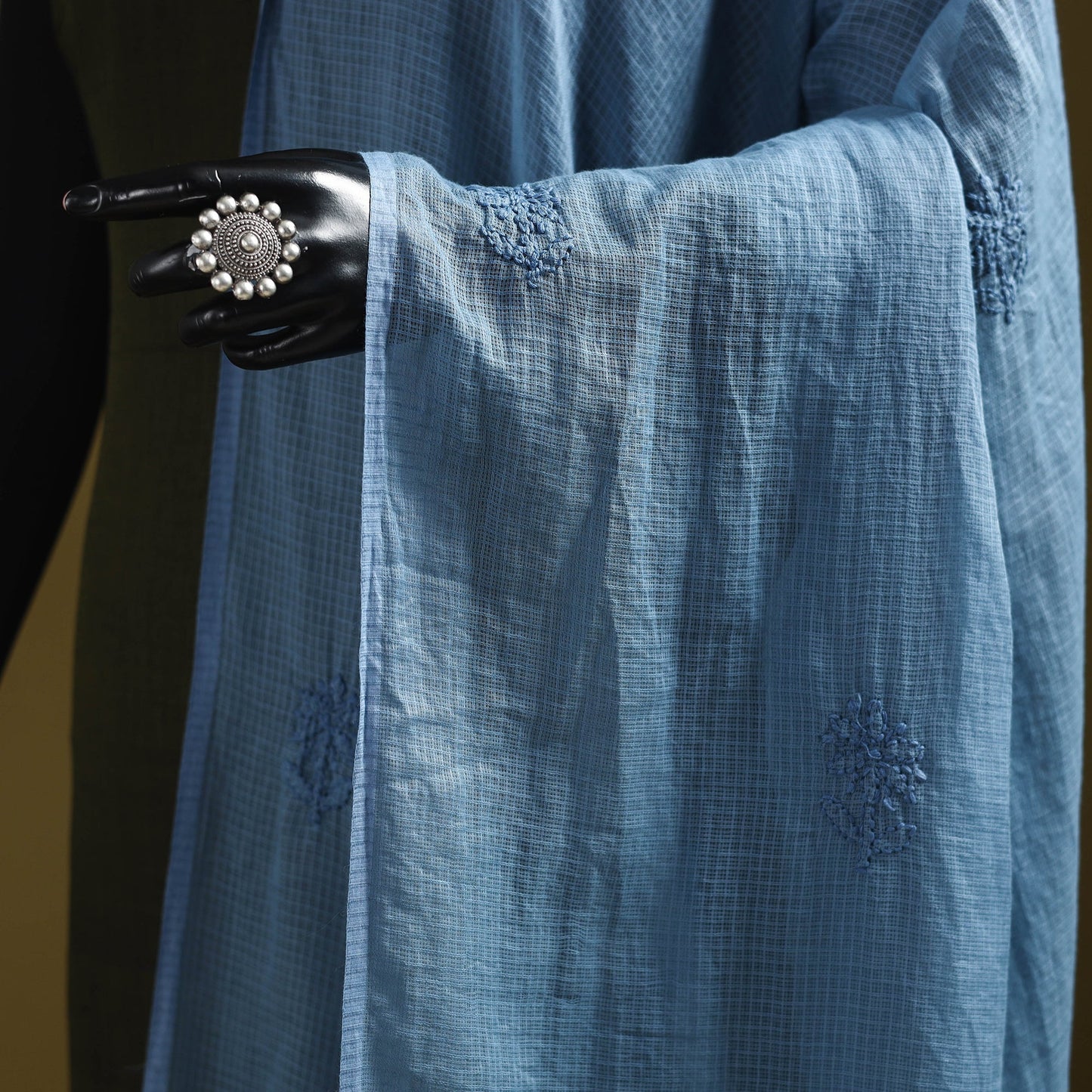 Blue - kota doria cotton hand embroidered lucknowi