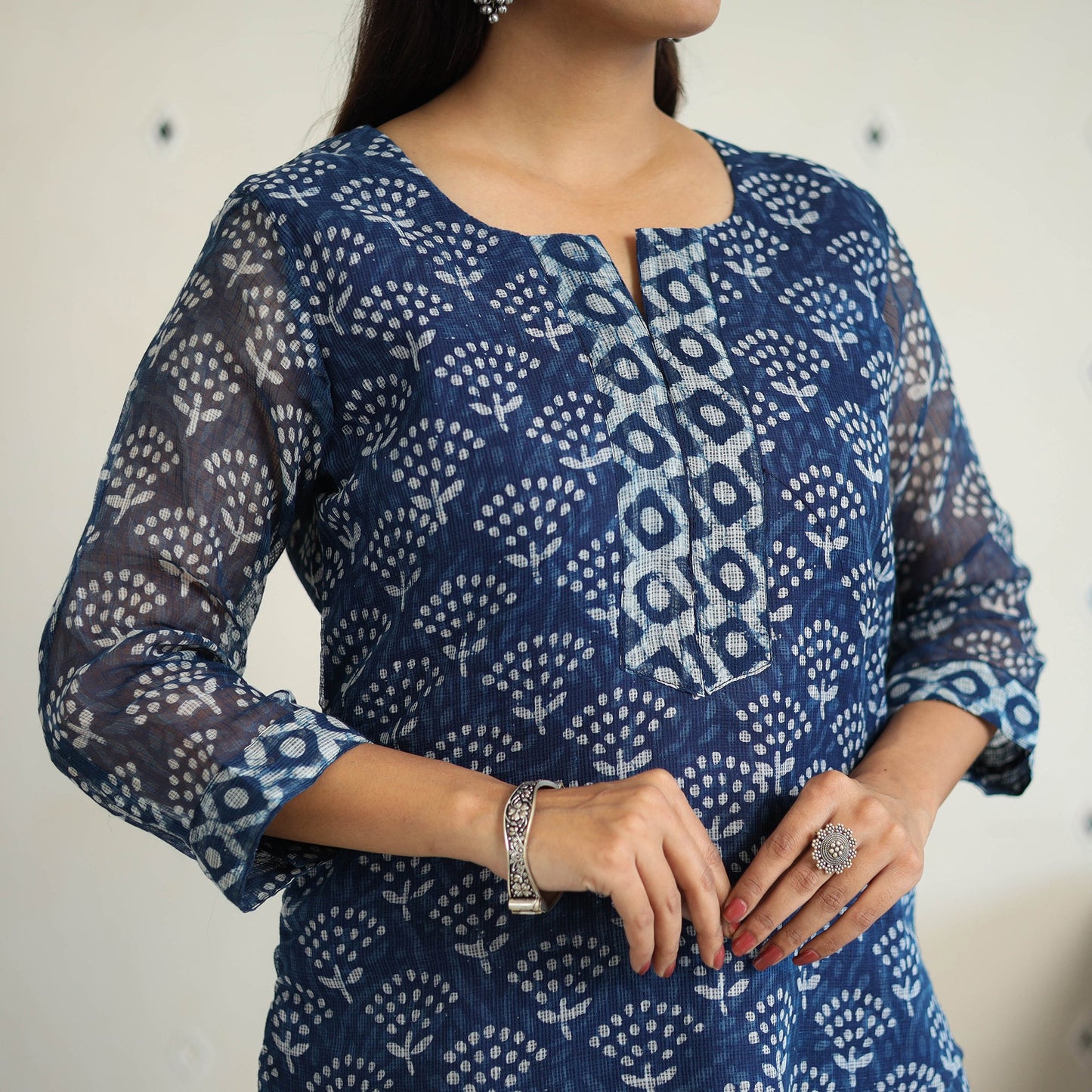 Blue Kota Doria Cotton Indigo Bagru Print Kurta Set (Set of 3)