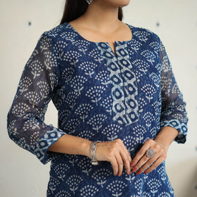 Blue Kota Doria Cotton Indigo Bagru Print Kurta Set (Set of 3)