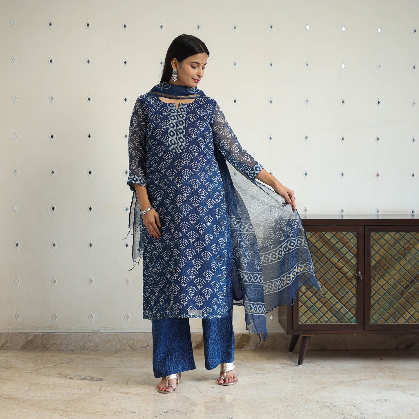 Blue Kota Doria Cotton Indigo Bagru Print Kurta Set (Set of 3)