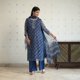 Blue Kota Doria Cotton Indigo Bagru Print Kurta Set (Set of 3)