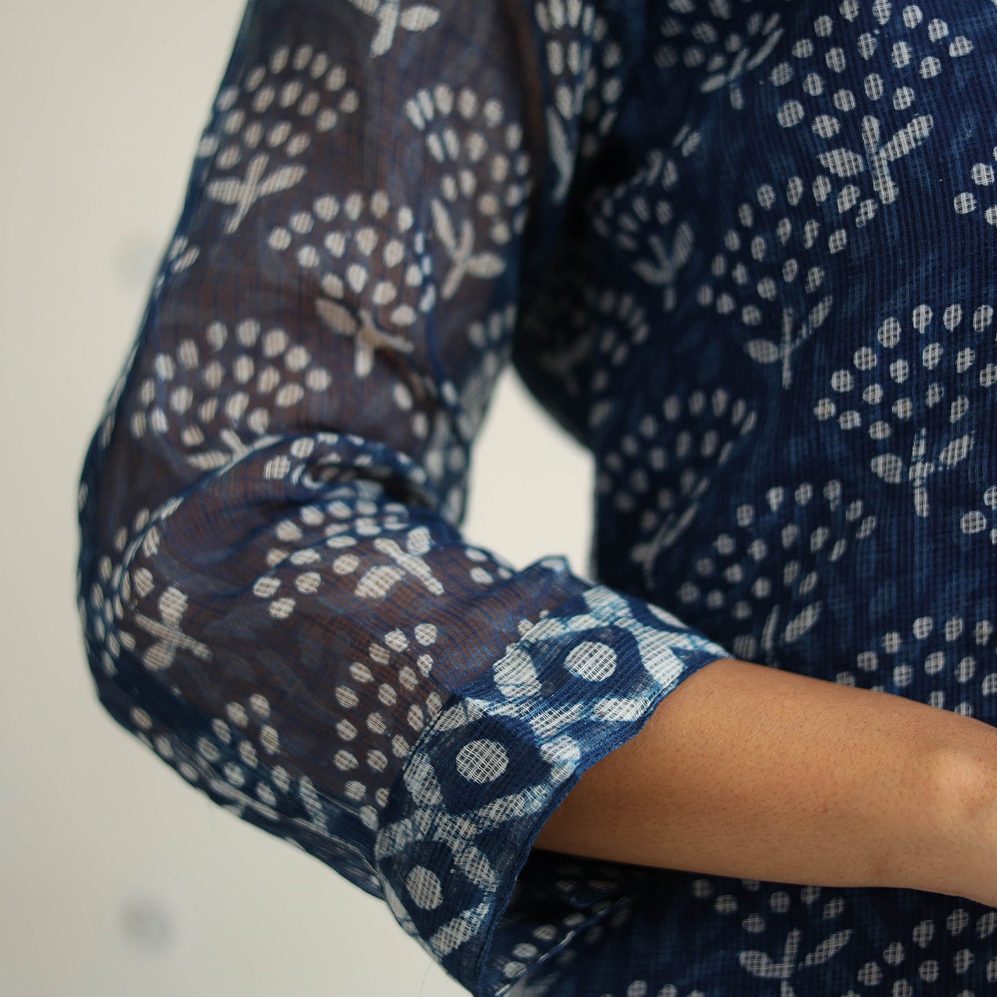 Blue Kota Doria Cotton Indigo Bagru Print Kurta Set (Set of 3)