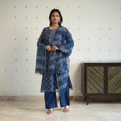 Blue Kota Doria Cotton Indigo Bagru Print Kurta Set (Set of 3)