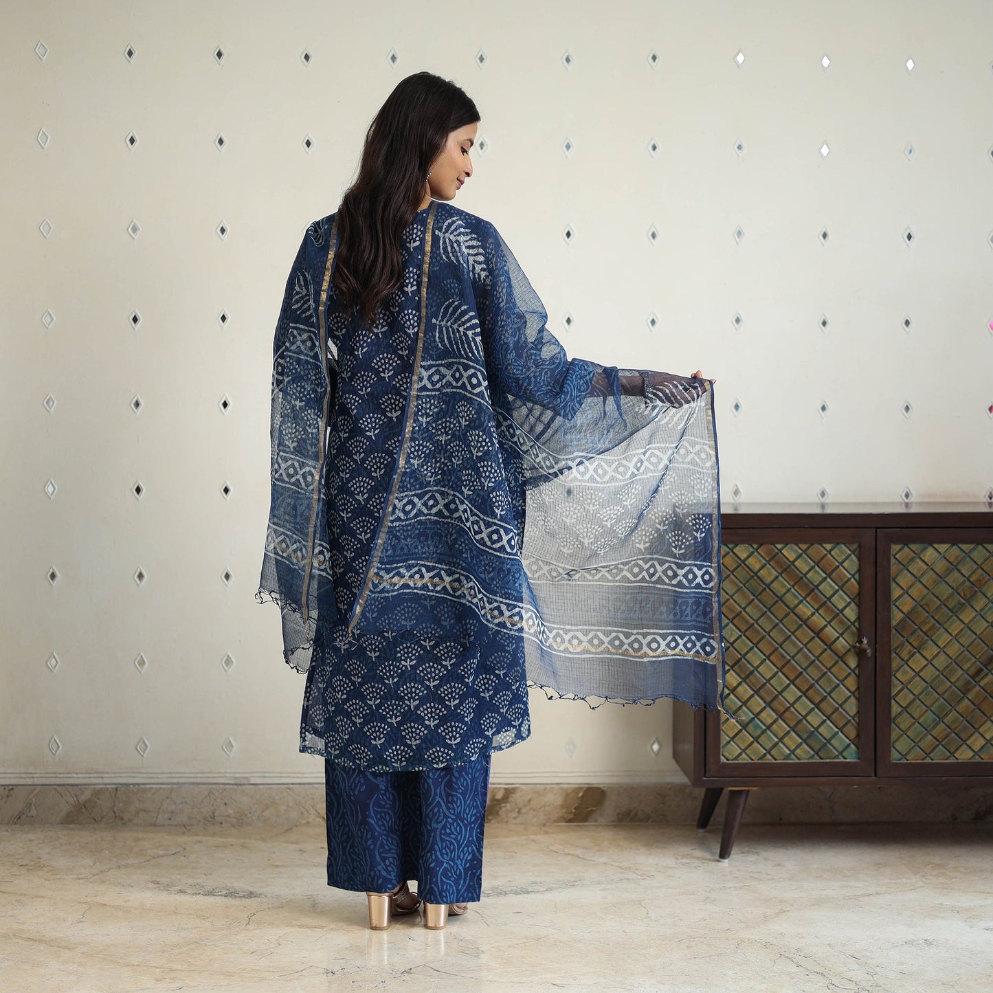 Blue Kota Doria Cotton Indigo Bagru Print Kurta Set (Set of 3)