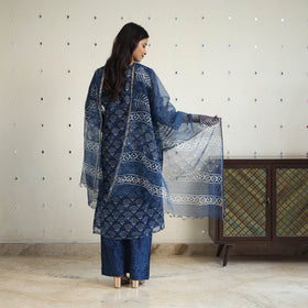 Blue Kota Doria Cotton Indigo Bagru Print Kurta Set (Set of 3)