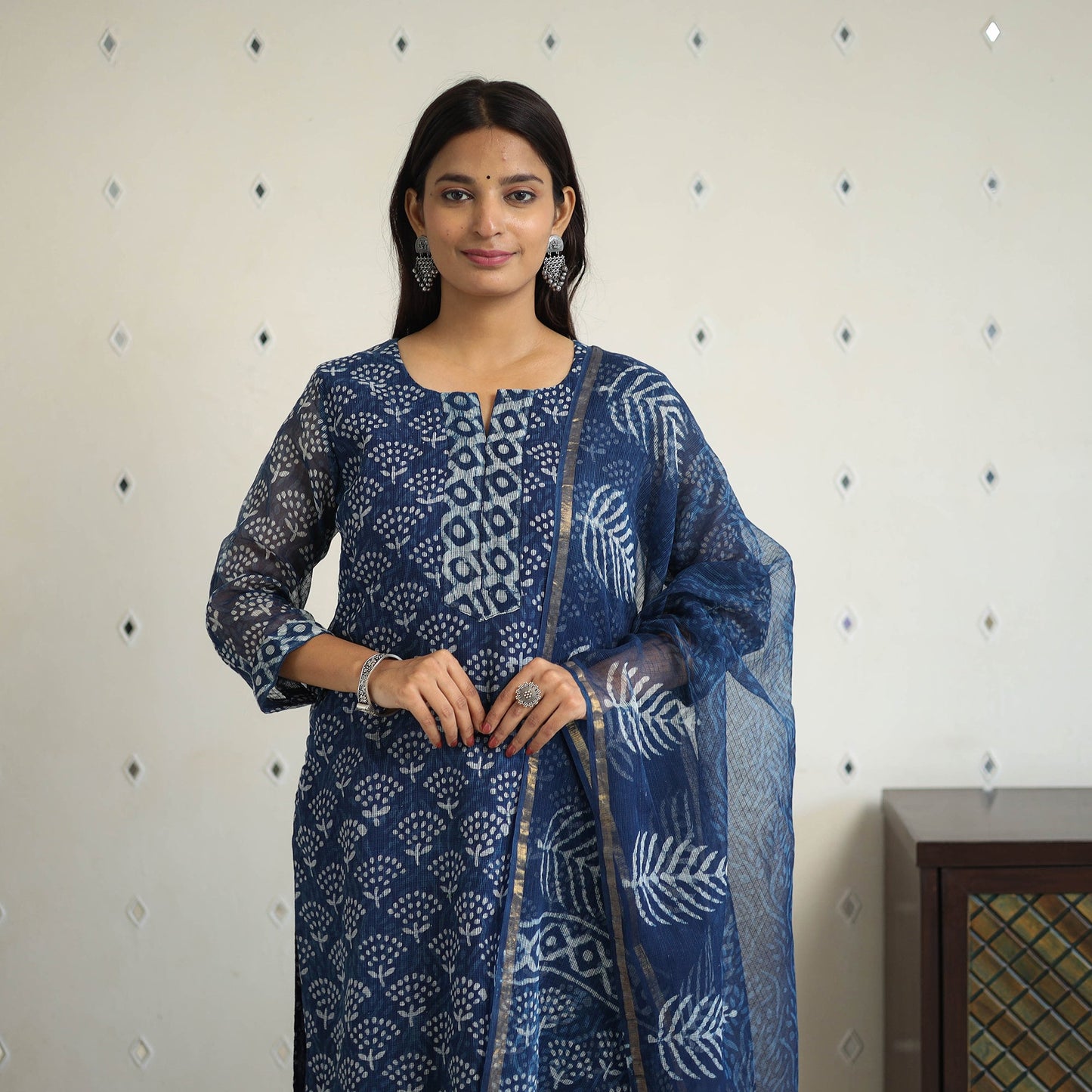 Blue Kota Doria Cotton Indigo Bagru Print Kurta Set (Set of 3)