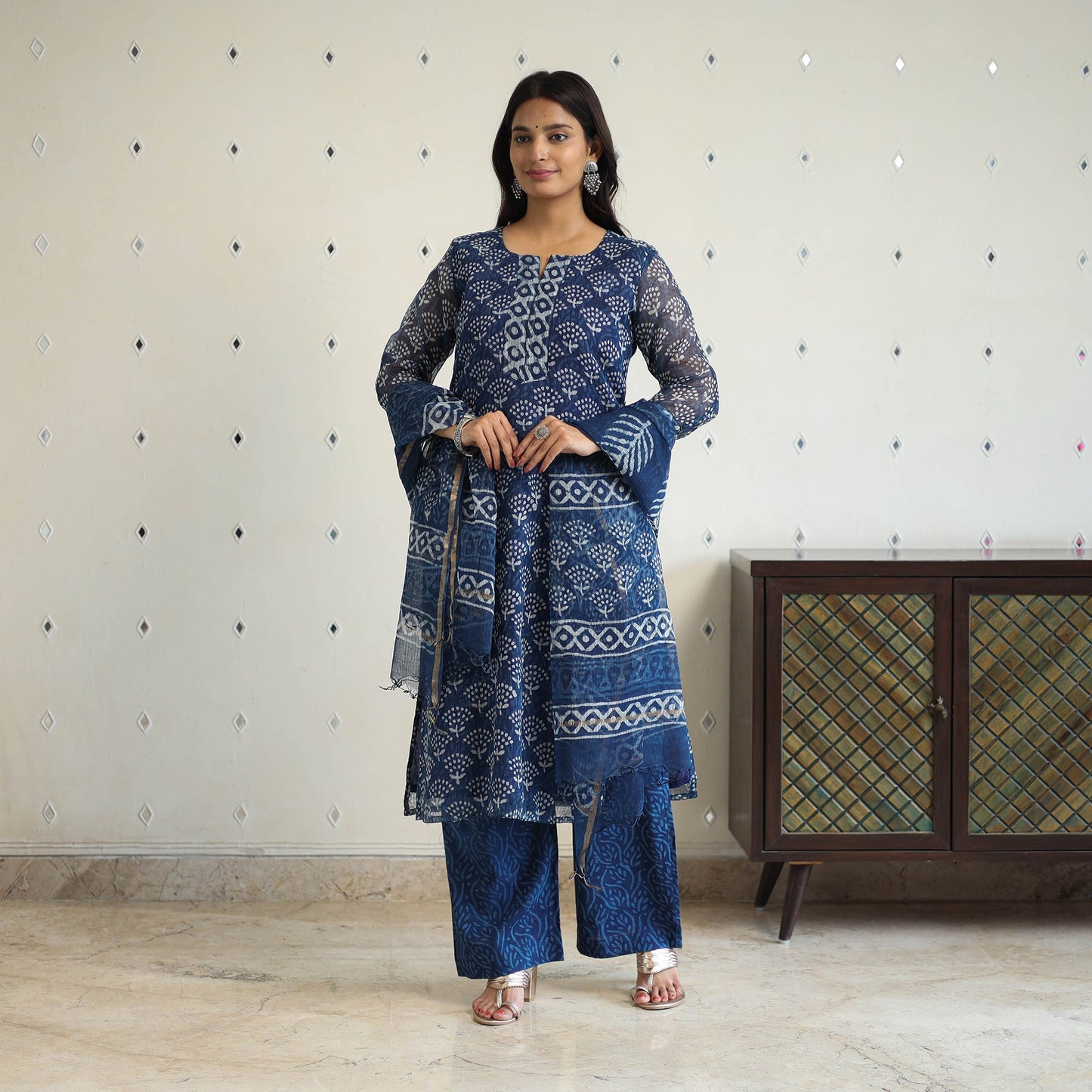 Blue Kota Doria Cotton Indigo Bagru Print Kurta Set (Set of 3)