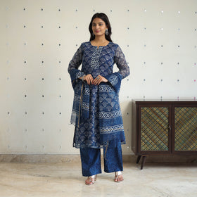 Blue Kota Doria Cotton Indigo Bagru Print Kurta Set (Set of 3)