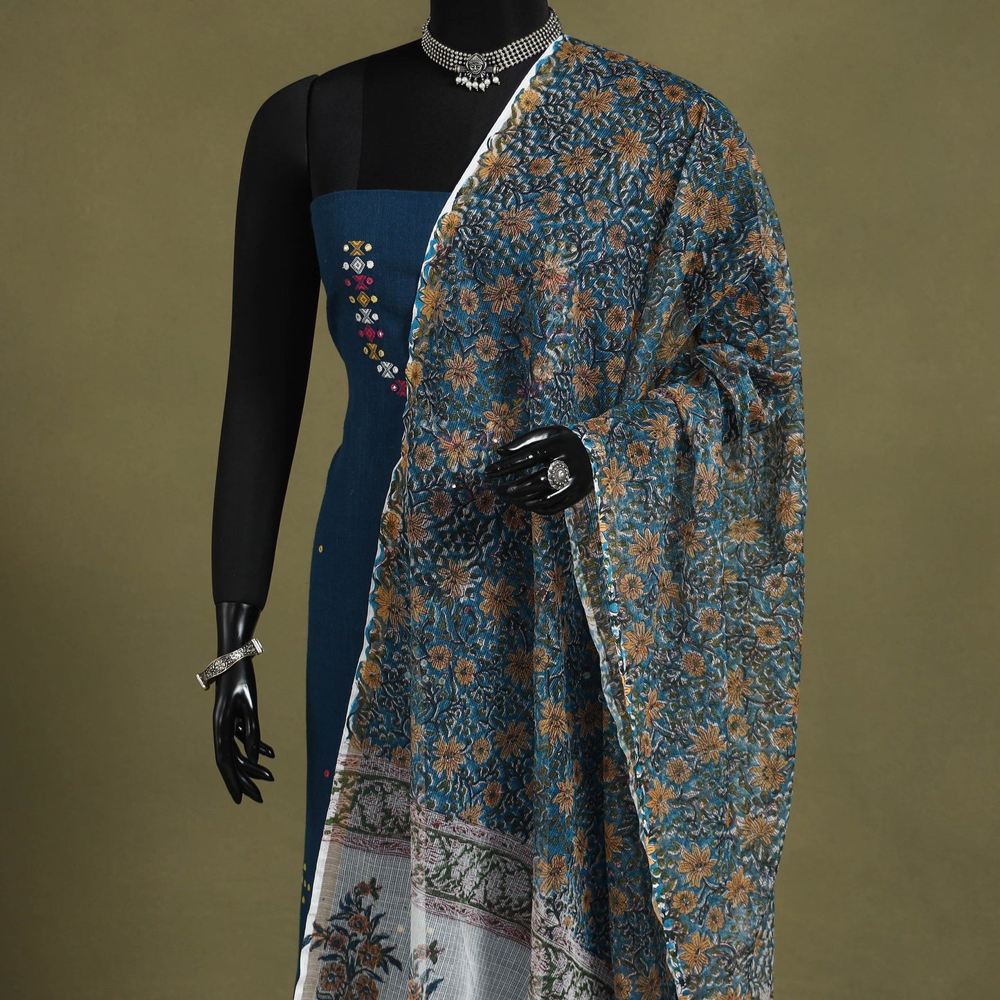 Blue - kota doria cotton sanganeri floral dupatta 26