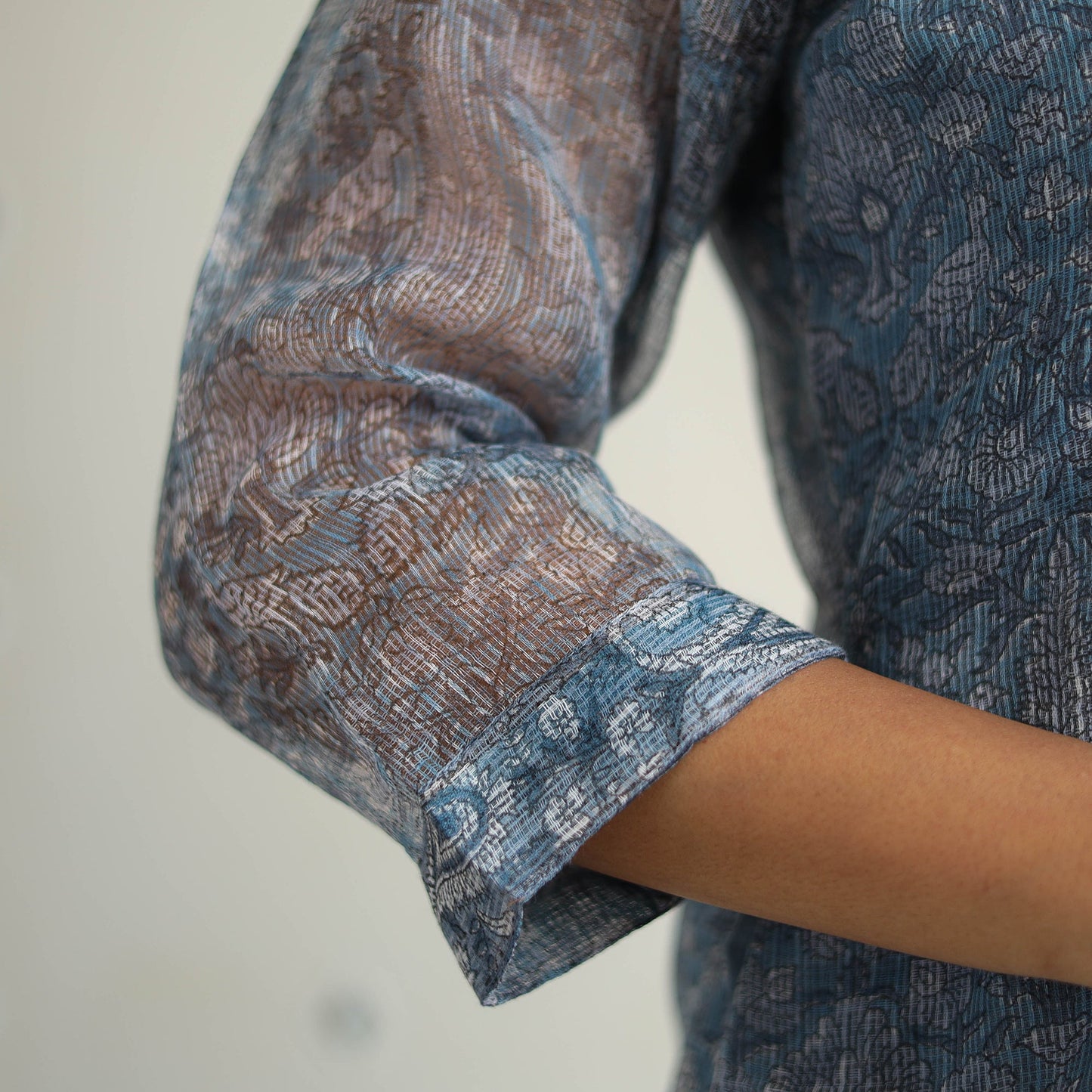 Blue Block Print Kota Doria Cotton Sanganeri Kurta Set (Set of 3) 