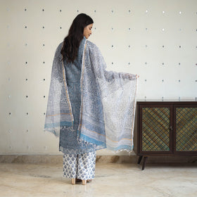 Blue Block Print Kota Doria Cotton Sanganeri Kurta Set (Set of 3) 