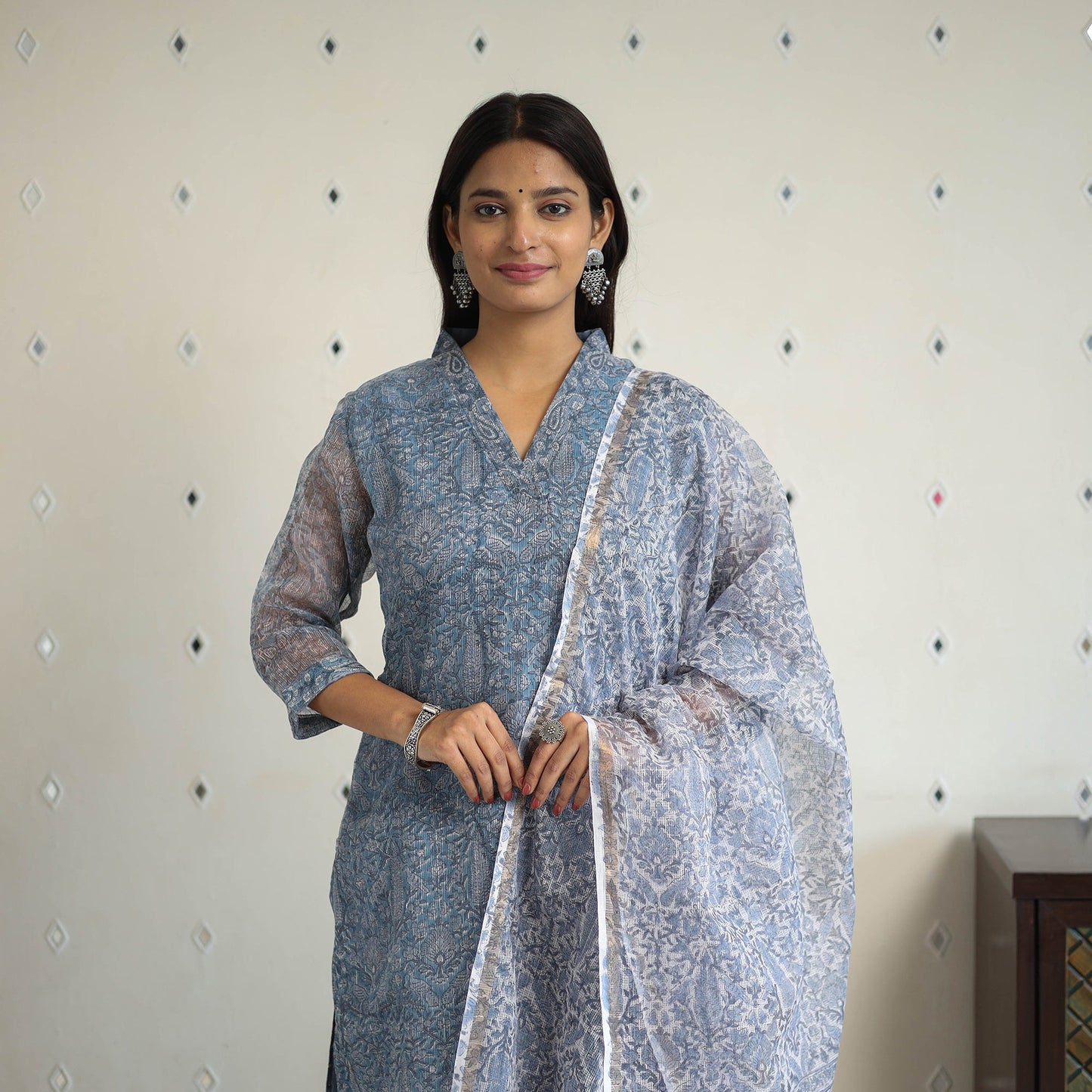 Blue Block Print Kota Doria Cotton Sanganeri Kurta Set (Set of 3) 