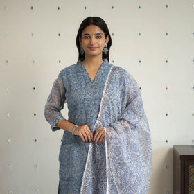 Blue Block Print Kota Doria Cotton Sanganeri Kurta Set (Set of 3) 