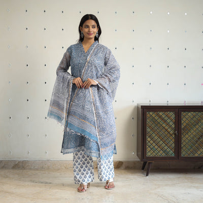 Blue Block Print Kota Doria Cotton Sanganeri Kurta Set (Set of 3) 