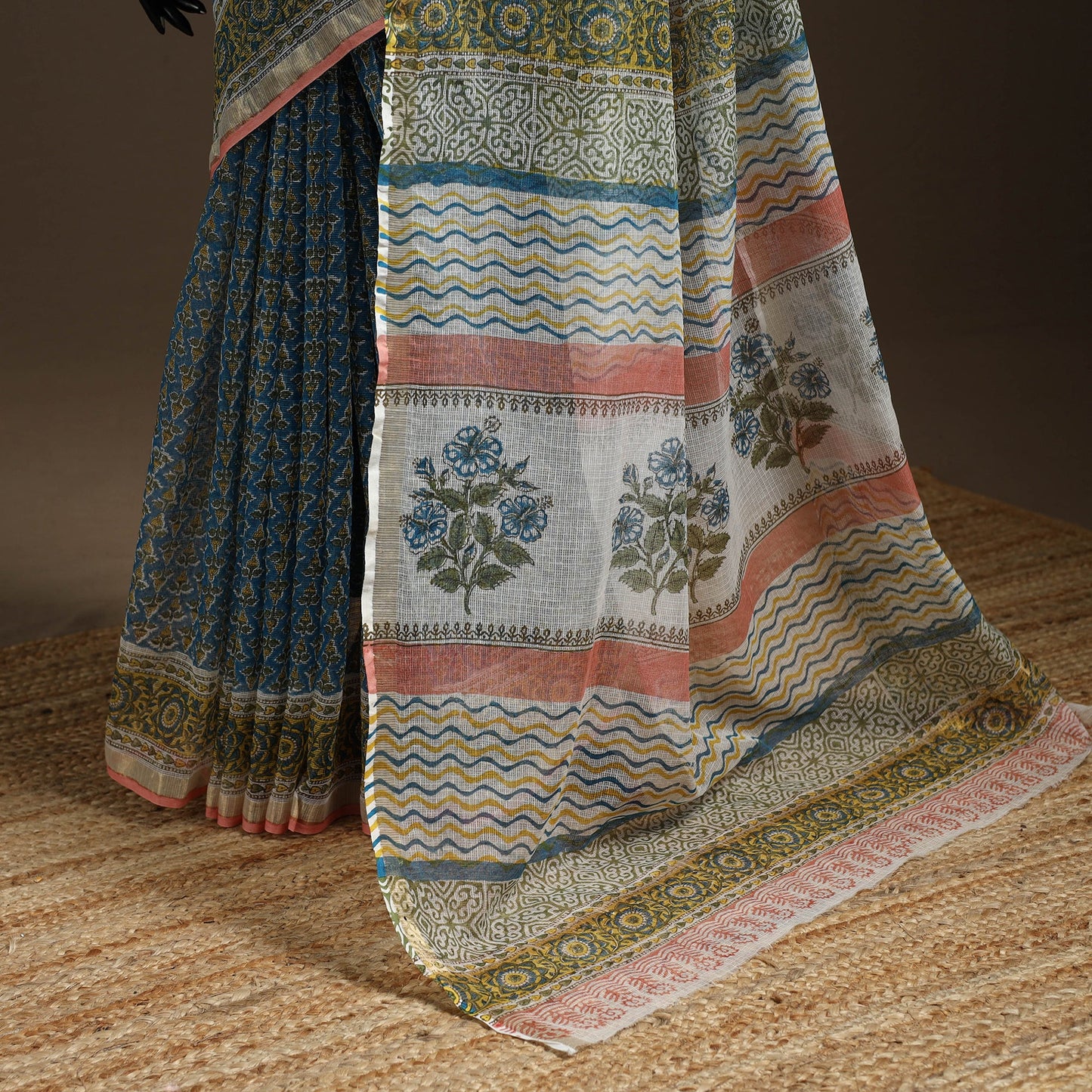 Blue - kota doria cotton sanganeri saree 13 - handcrafted