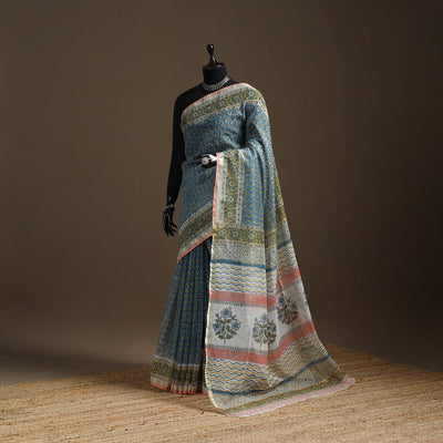 Blue - kota doria cotton sanganeri saree 13 - handcrafted