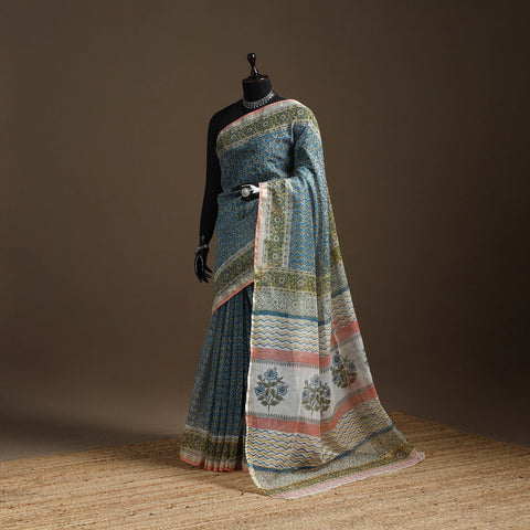 Blue - kota doria cotton sanganeri saree 13 - handcrafted