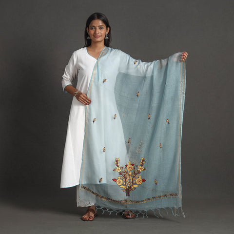 Blue - kota doria silk cotton kashida embroidery dupatta 45
