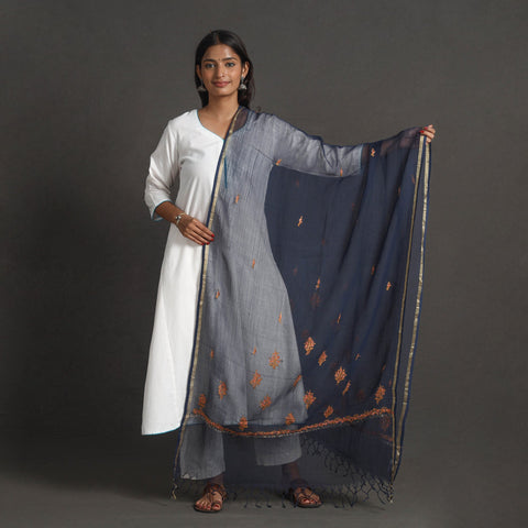 Blue - kota doria silk cotton kashida embroidery dupatta 46