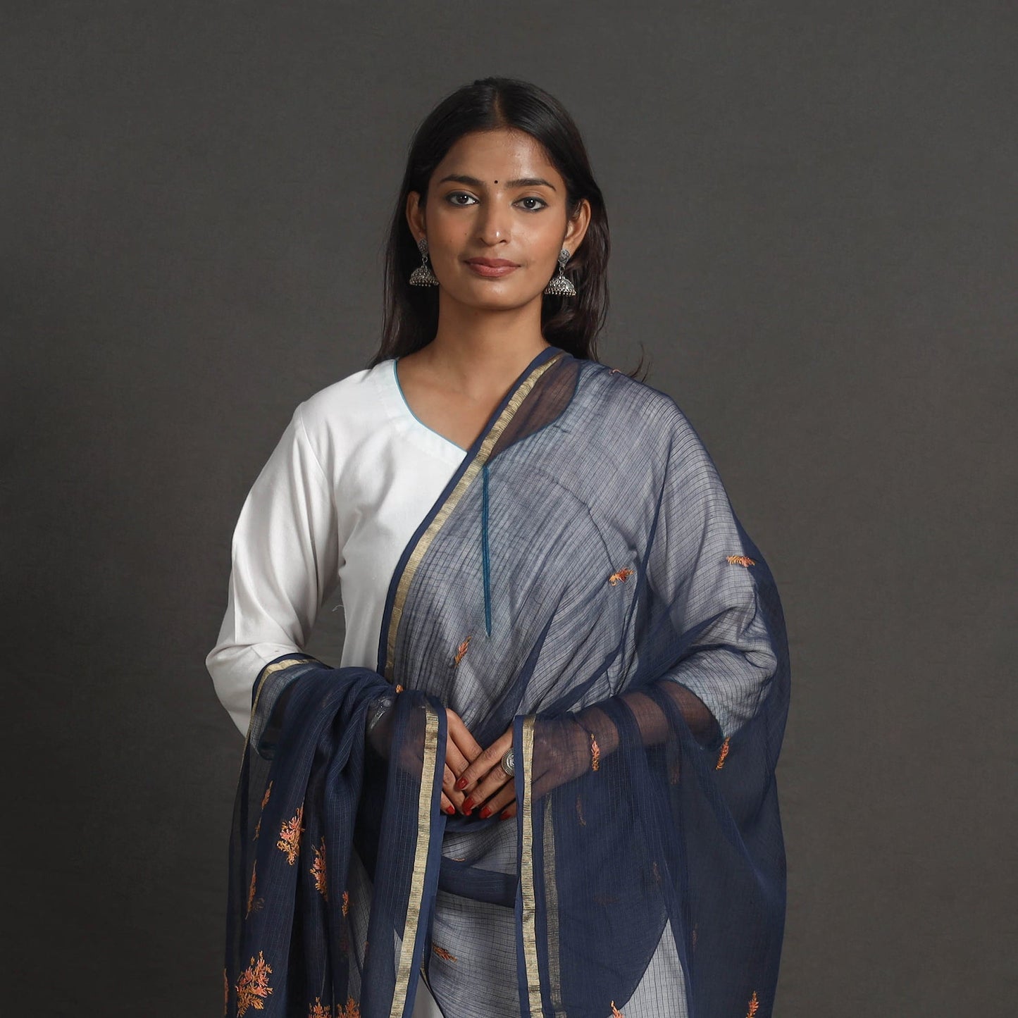 Blue - kota doria silk cotton kashida embroidery dupatta 46