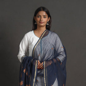 Blue - kota doria silk cotton kashida embroidery dupatta 46