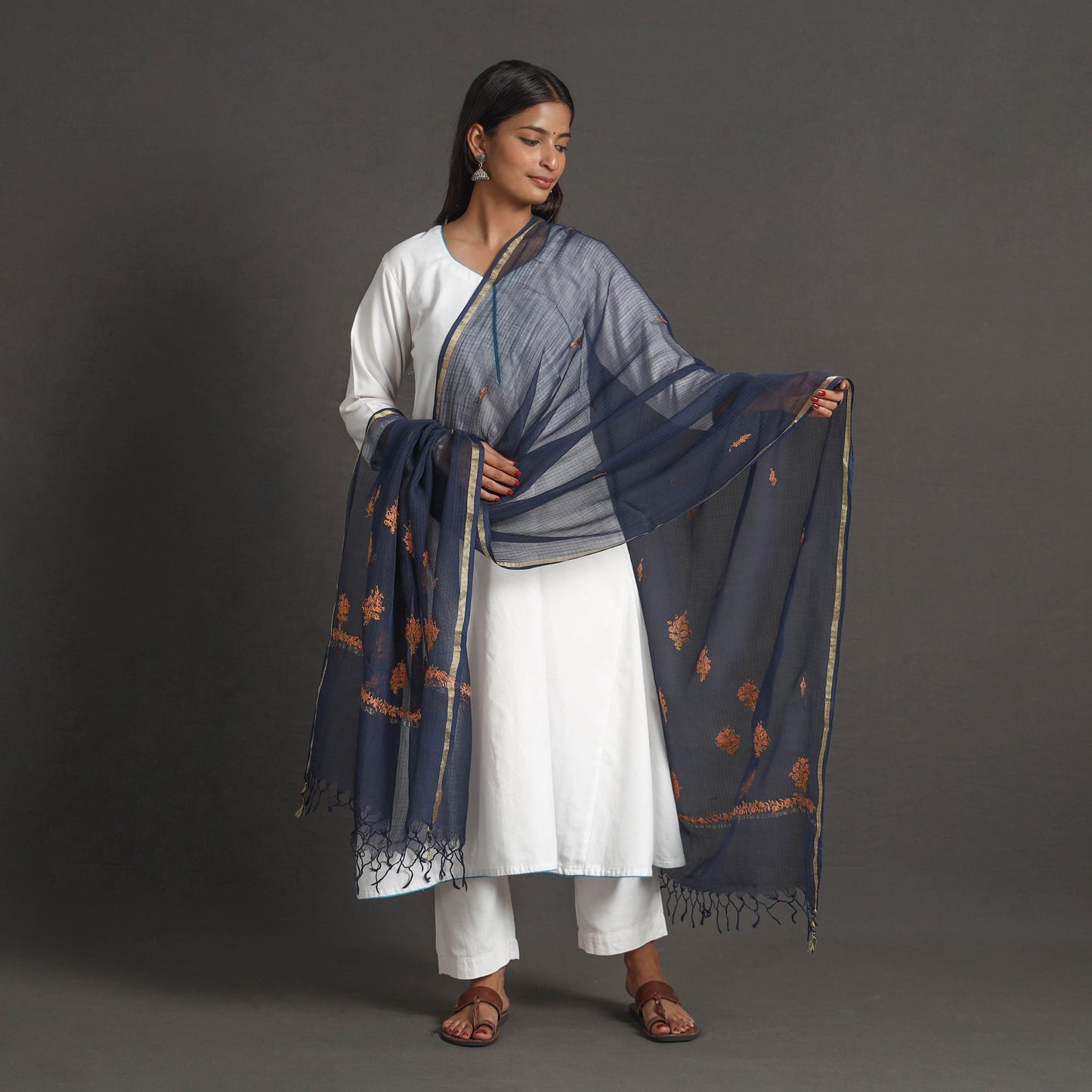 Blue - kota doria silk cotton kashida embroidery dupatta 46