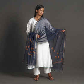 Blue - kota doria silk cotton kashida embroidery dupatta 46