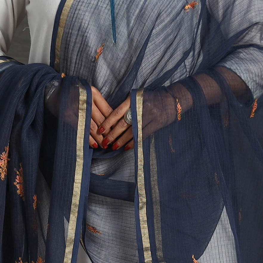 Blue - kota doria silk cotton kashida embroidery dupatta 46