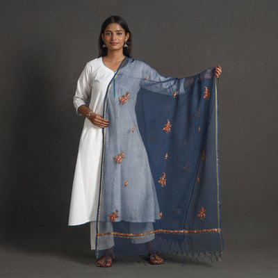 Blue - kota doria silk cotton kashida embroidery dupatta 47