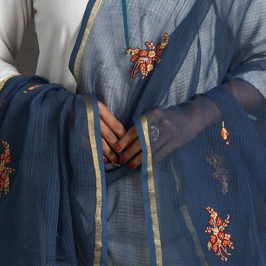 Blue - kota doria silk cotton kashida embroidery dupatta 47