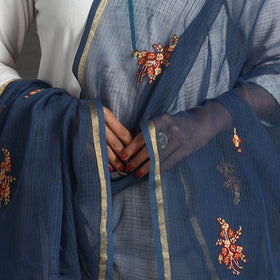 Blue - kota doria silk cotton kashida embroidery dupatta 47