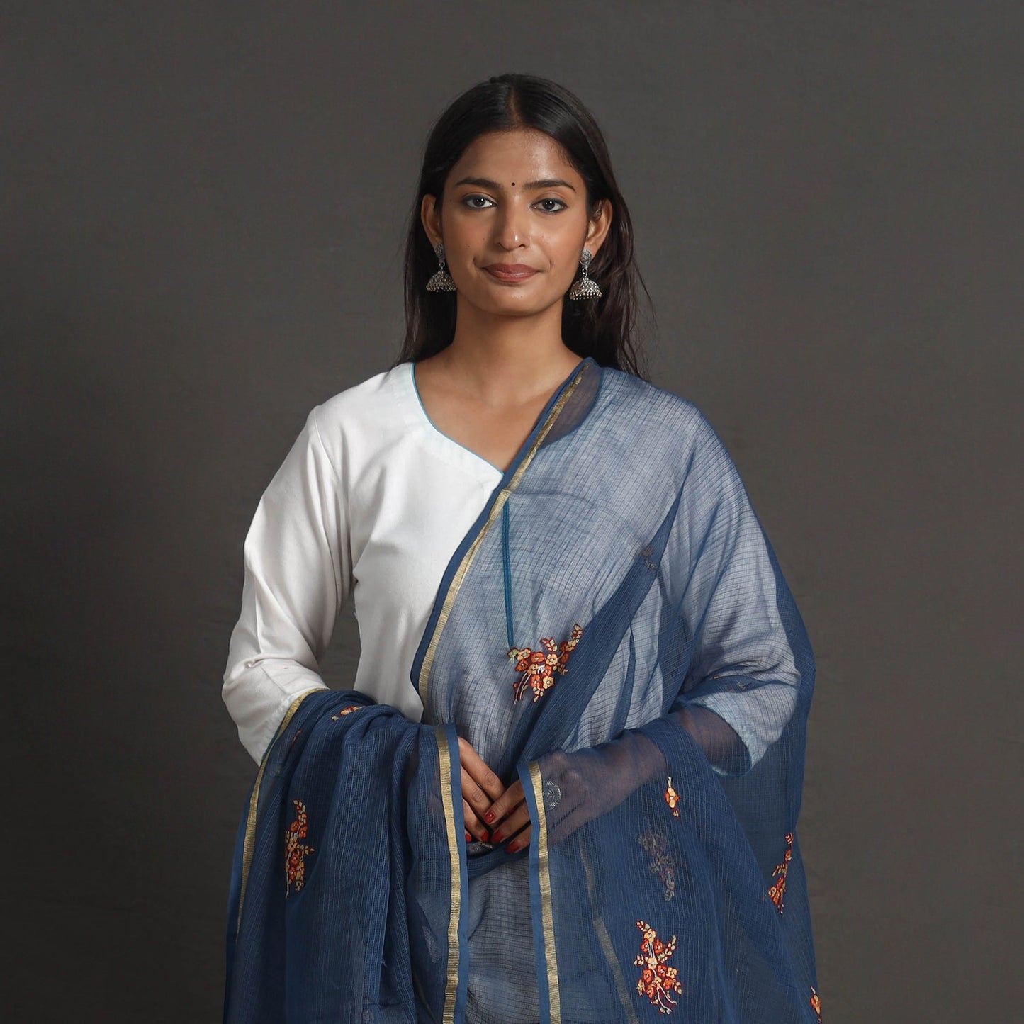 Blue - kota doria silk cotton kashida embroidery dupatta 47